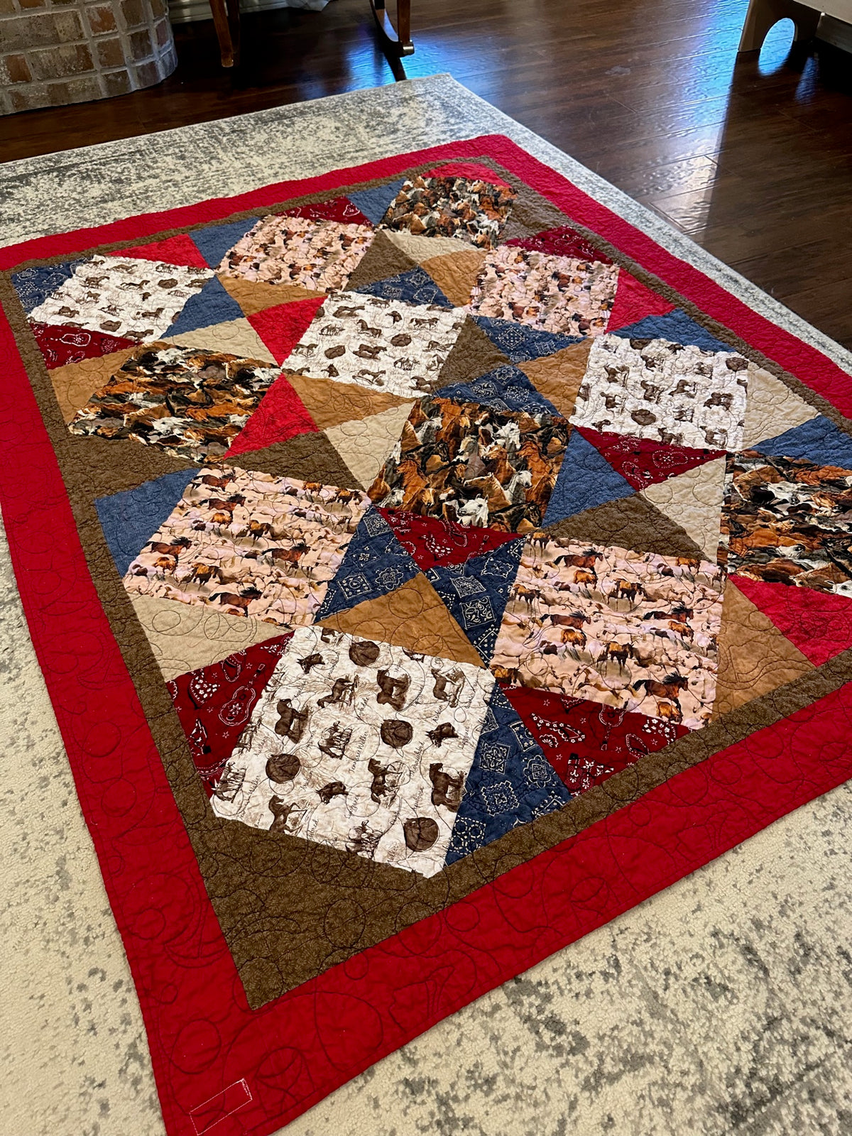 Rust navy and cream patchwork quilt