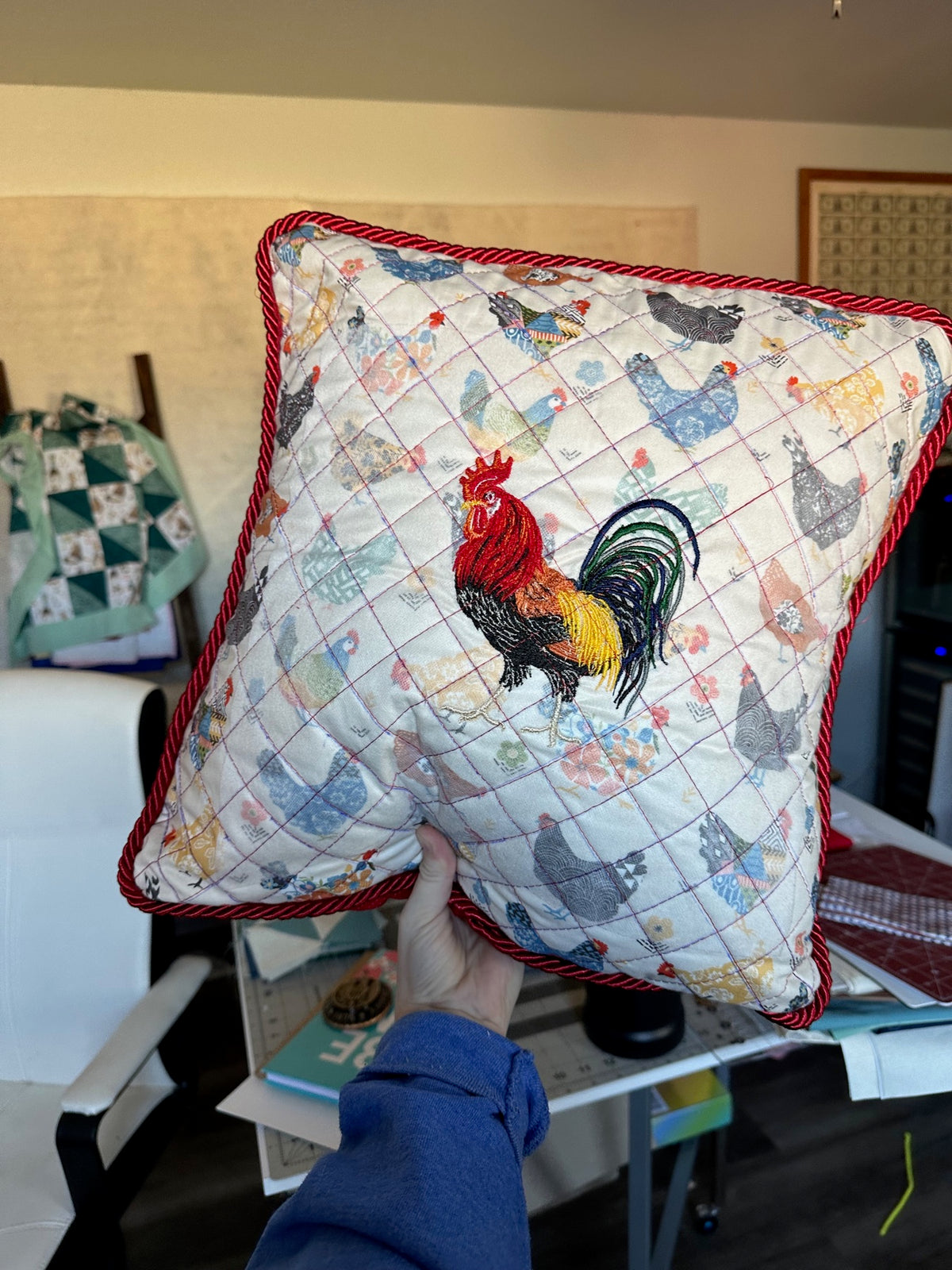 Embroidered rooster pillow