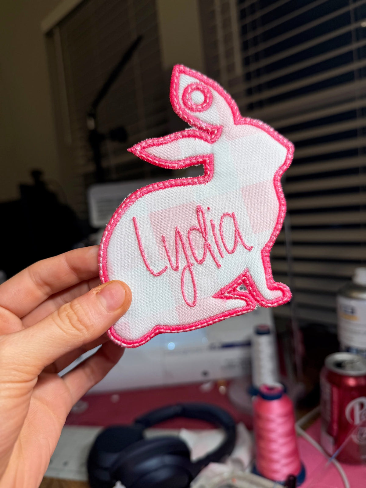 Pink embroidered bunny name tag