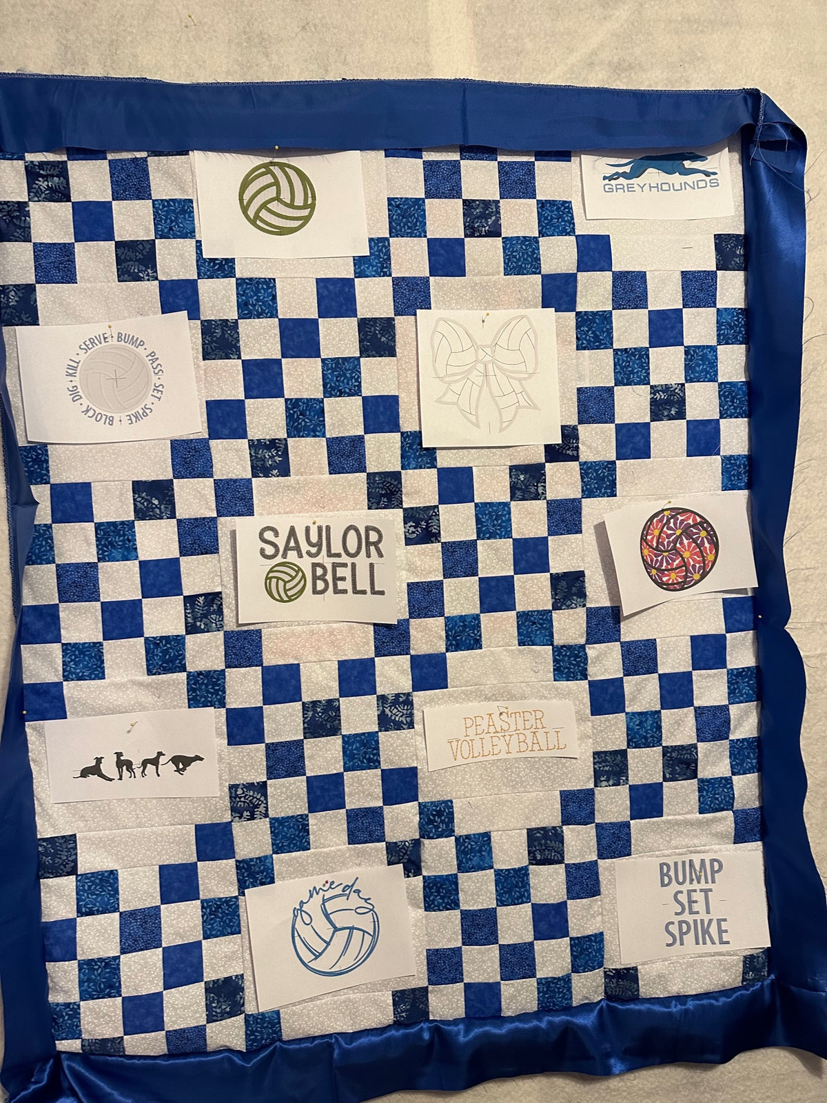 Blue and white volleyball memory quilt