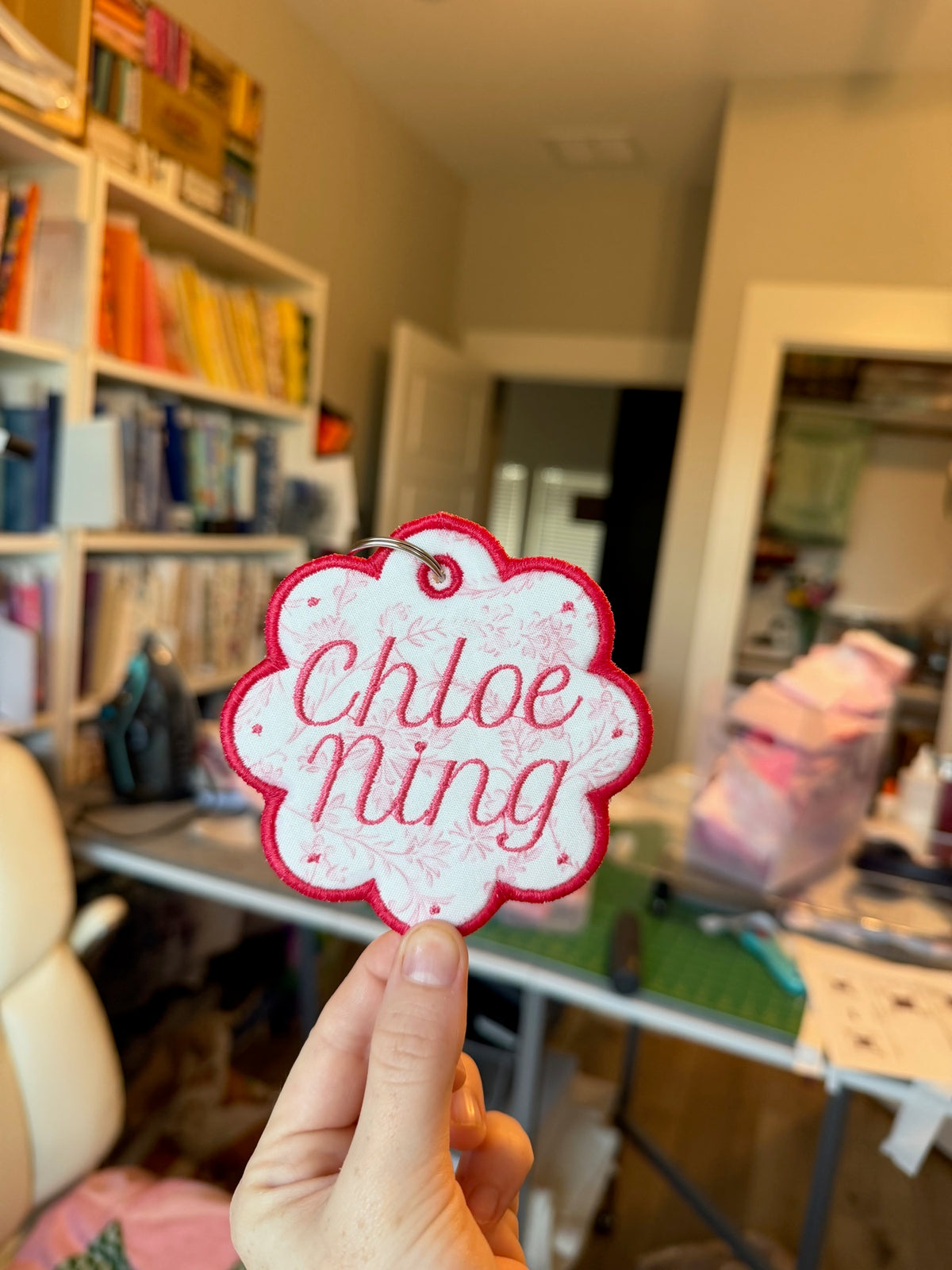 Pink scalloped embroidered name tag