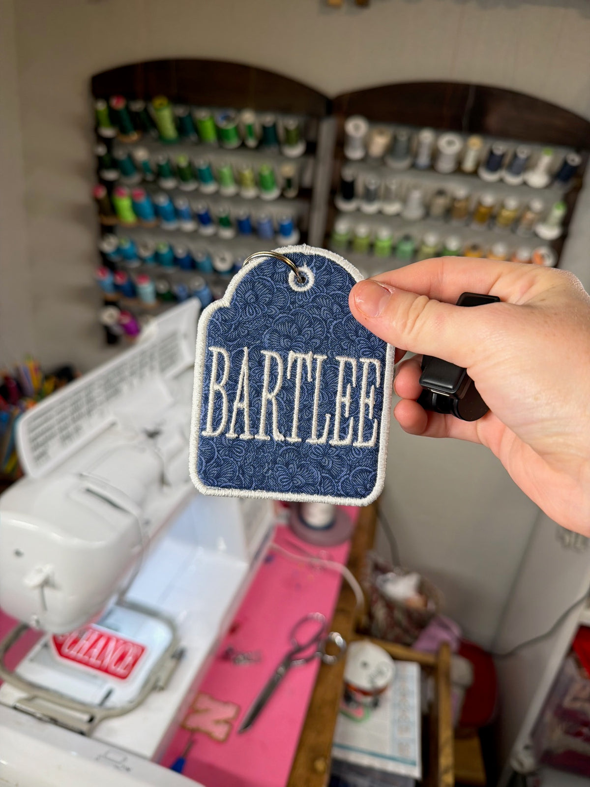 Denim embroidered name tag