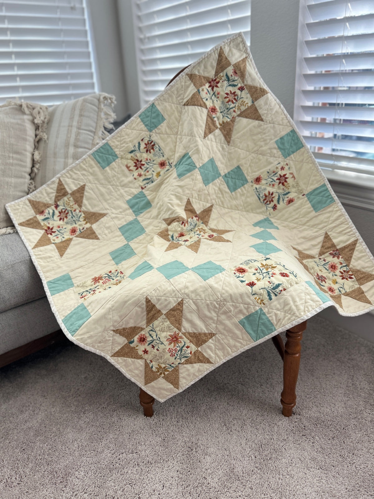 Aqua and cream star quilt