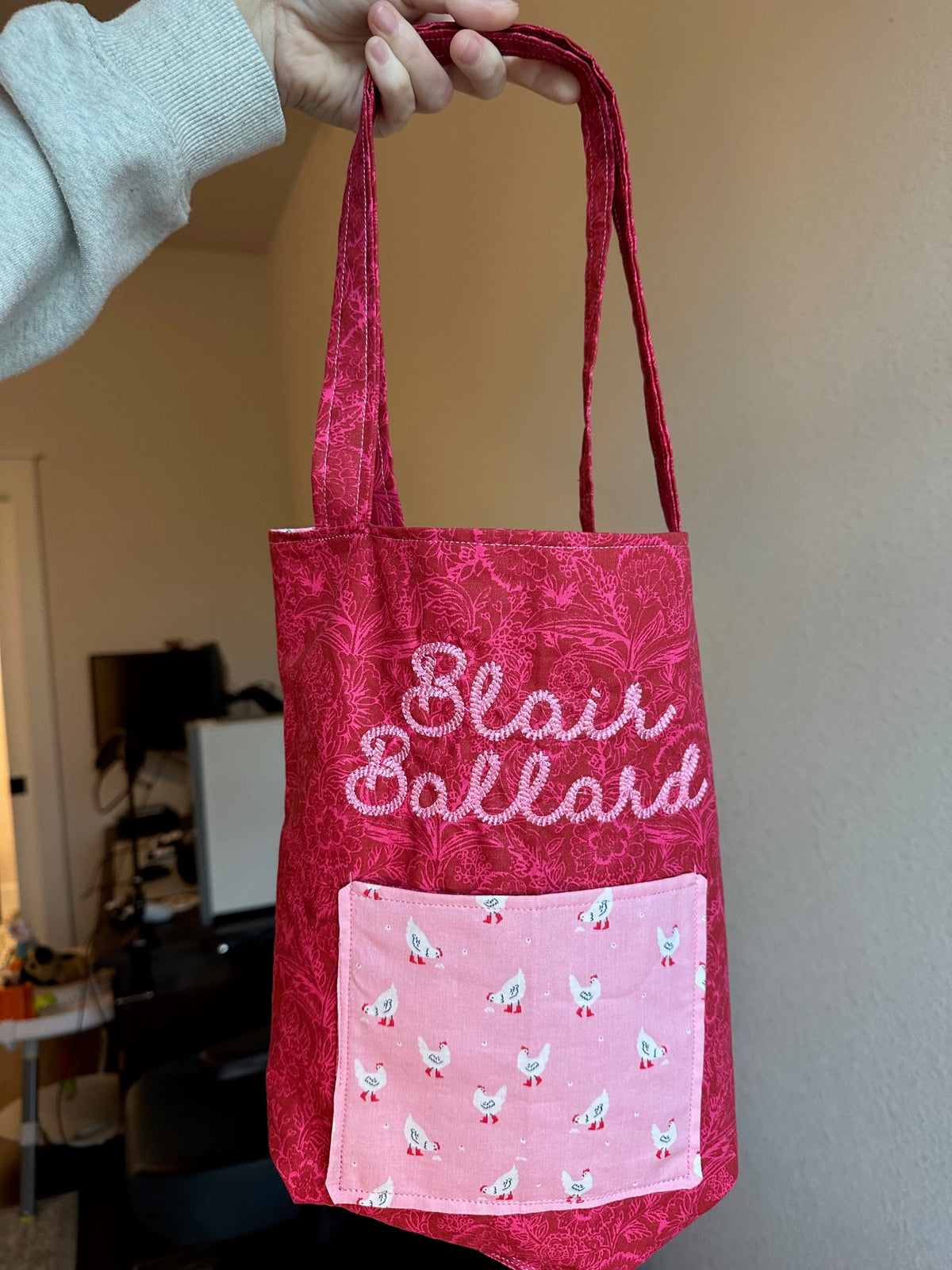 Pink floral handmade tote bag