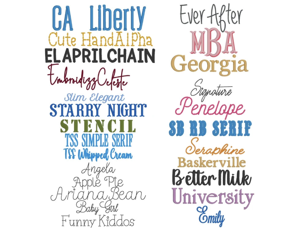 Examples of the available embroidery fonts